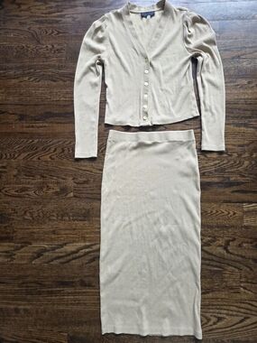 Bagatelle Tan Ribbed Knit Cardigan And Midi Skirt Set